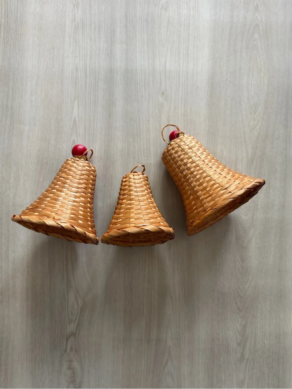 Vintage Holiday Wicker Bells Set of Rustic Christmas Boho